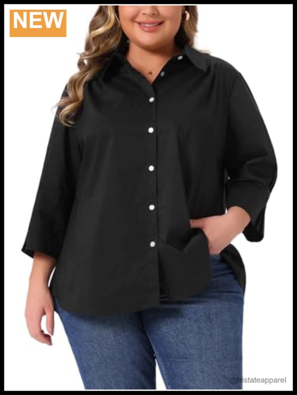 Plus Size Button Down Blouse 3/4 Sleeve Work Office Top